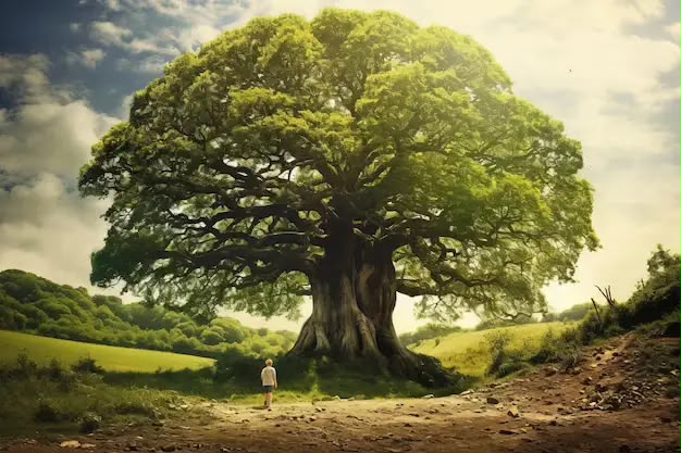 Un arbre majestueux au cœur d'un paysage verdoyant